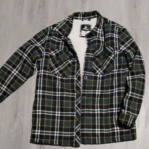 Ombreux Sherpa-Lined Plaid Shacket - Green, White, Yellow DRAVUS